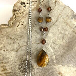 Sterling Silver 925 Beaded Tigers Eye Teardrop Pendant Necklace 18" Cable Chain